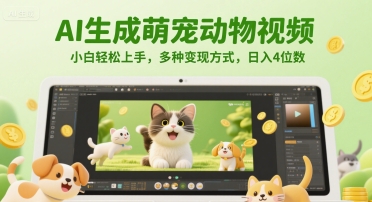 AI生成萌宠动物视频，小白轻松上手，多种变现方式，日入4位数
