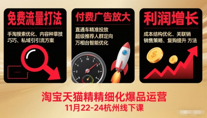 淘宝天猫精细化爆品运营11月22-24杭州线下课，免费流量打法+付费广告放大+利润增长（音频+文档）