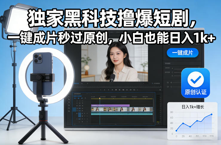 独家黑科技撸爆短剧，一键成片秒过原创，小白也能日入1k+【揭秘】