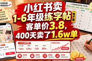 小红书卖1-6年级练字帖(电子版),客单价3.8,400天卖了1.6w单