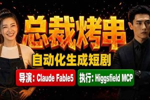(19541期)《总裁烤串》真人短剧全自动诞生!Claude Fable5 当导演,Higgsfield MCP 执行!