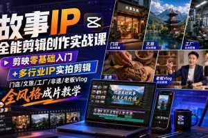故事IP全能剪辑创作实战课|剪映零基础入门+多行业IP实拍剪辑,门店/文旅/工厂/非遗/老板Vlog全风格成片教学