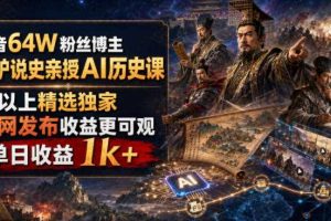抖音64W粉丝博主大驴说史亲授AI历史课,可以上精选独家,全网发布收益更可观,单日收益1k+