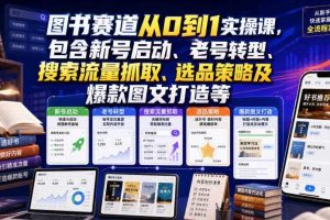 图书赛道从0到1实操课,包含新号启动、老号转型、搜索流量抓取、选品策略及爆款图文打造等