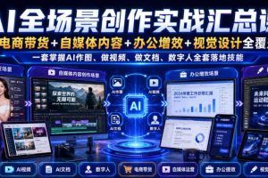 AI全场景创作实战汇总课|电商带货+自媒体内容+办公增效+视觉设计全覆盖,一套掌握AI作图、做视频、做文档、数字人全套落地技能