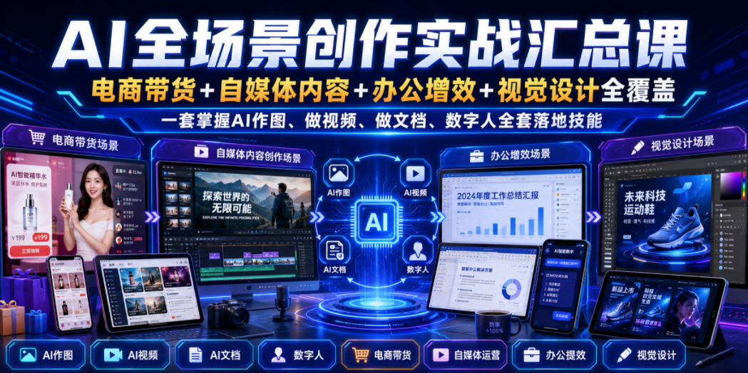 AI全场景创作实战汇总课|电商带货+自媒体内容+办公增效+视觉设计全覆盖,一套掌握AI作图、做视频、做文档、数字人全套落地技能