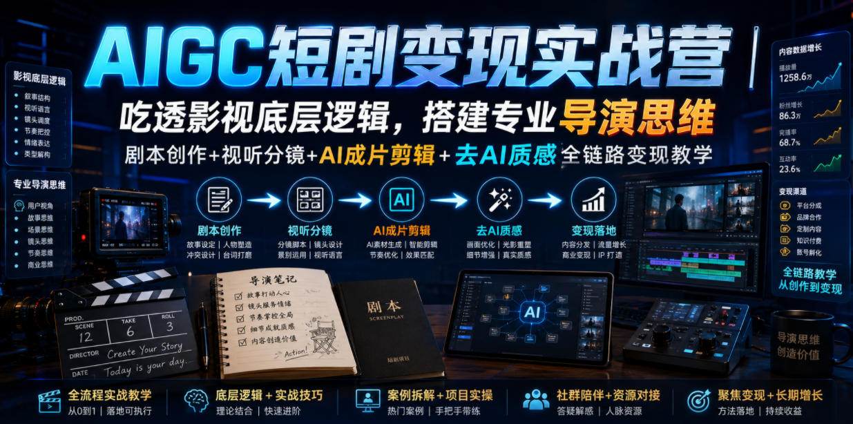 AIGC短剧变现实战营｜吃透影视底层逻辑，搭建专业导演思维，剧本创作+视听分镜+AI成片剪辑+去AI质感全链路变现教学