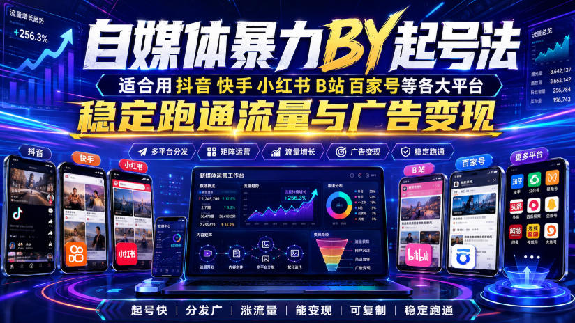 自媒体暴力搬运起号法，适合用抖音快手小红书B站百家号等各大平台，稳定跑通流量与广告变现