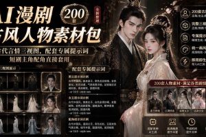 (19693期)AI漫剧古风人物素材包+提示词|200 套古代言情三视图,配套专属提示词短剧主角配角直接套用