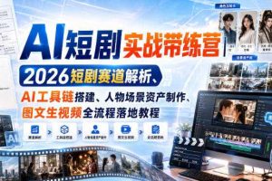 AI短剧实战带练营｜2026短剧赛道解析、AI工具链搭建、人物场景资产制作、图文生视频全流程落地教程