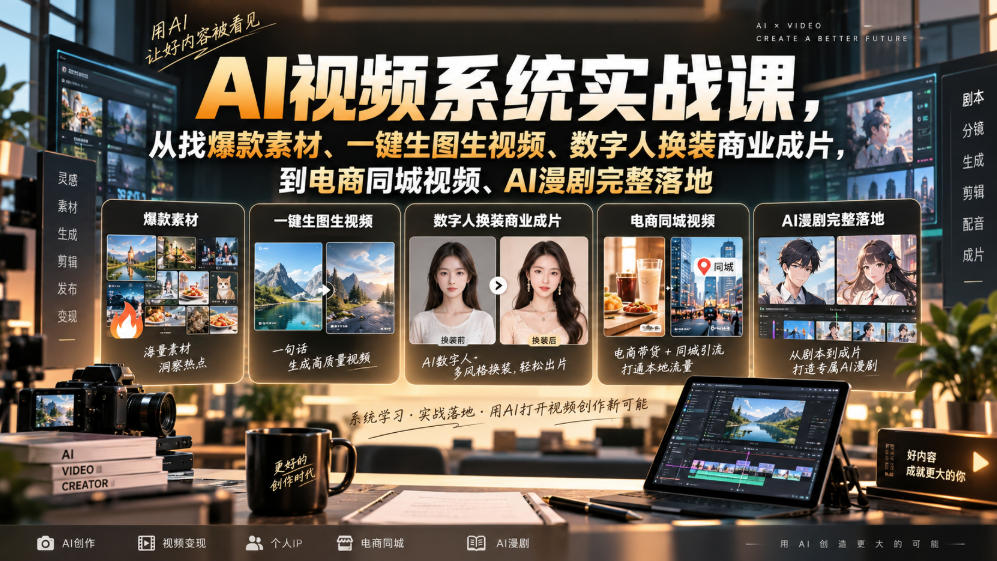 AI视频系统实战课，从找爆款素材、一键生图生视频、数字人换装商业成片，到电商同城视频、AI漫剧完整落地