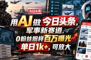 用AI做今日头条，军事新赛道，0粉丝照样百万曝光，单日1k+，可放大