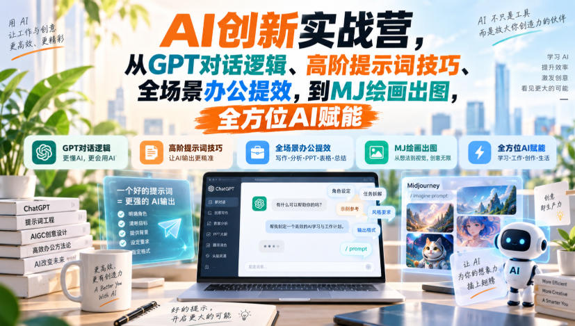 AI创新实战营,从GPT对话逻辑、高阶提示词技巧、全场景办公提效,到MJ绘画出图,全方位AI赋能