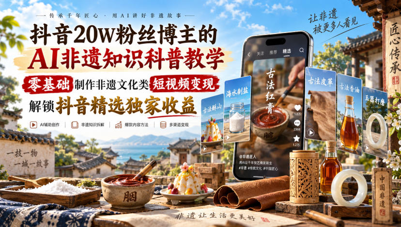 抖音20W粉丝博主的AI非遗知识科普教学,零基础制作非遗文化类短视频变现,解锁抖音精选独家收益