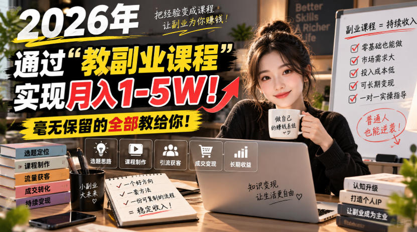 2026年通过“教副业课程”实现月入1-5W！毫无保留的全部教给你！【揭秘】