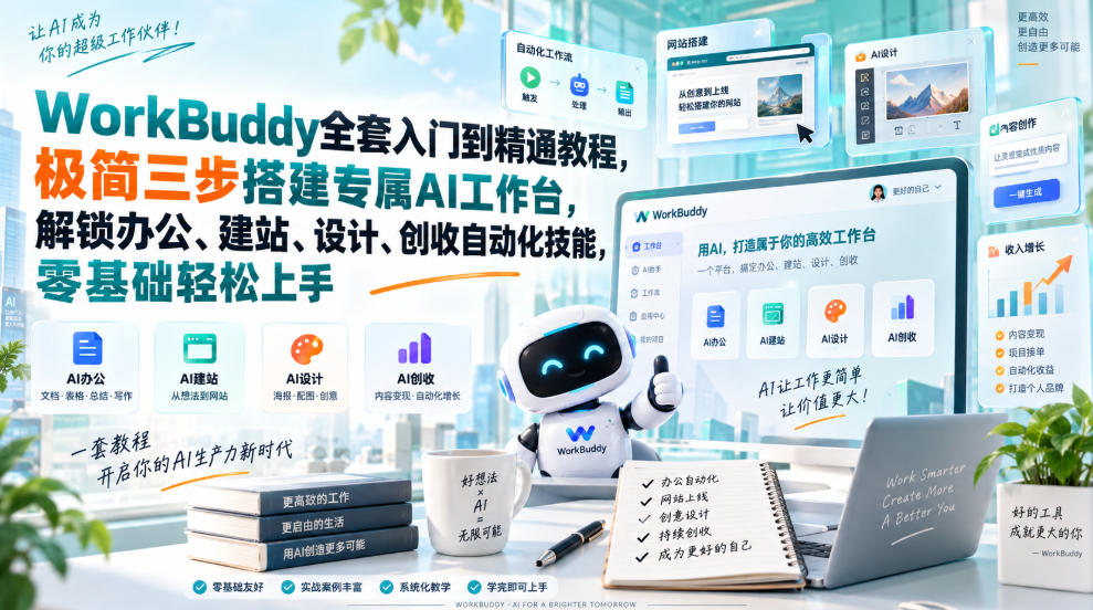 WorkBuddy全套入门到精通教程，极简三步搭建专属AI工作台，解锁办公、建站、设计、创收自动化技能，零基础轻松上手