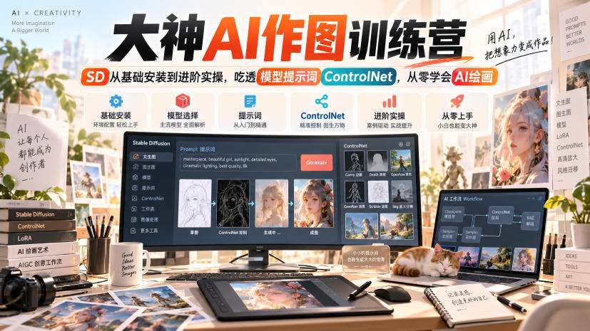 大神AI作图训练营，SD从基础安装到进阶实操，吃透模型提示词ControlNet，从零学会AI绘画