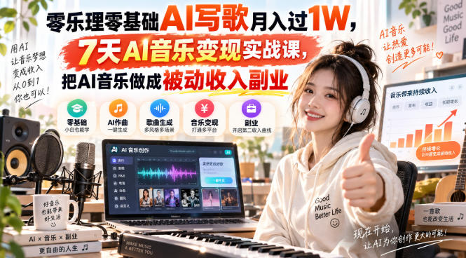 零乐理零基础AI写歌月入过1W，7天AI音乐变现实战课，把AI音乐做成被动收入副业