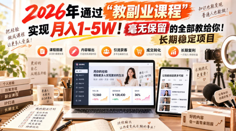 2026年通过“教副业课程”实现月入1-5W!毫无保留的全部教给你!长期稳定项目【揭秘】