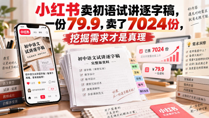 小红书卖初语试讲逐字稿,一份79.9,卖了7024份,挖掘需求才是真理