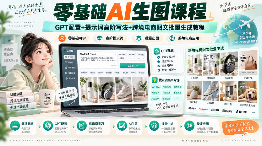零基础AI生图课程，GPT配置+提示词高阶写法+跨境电商图文批量生成教程