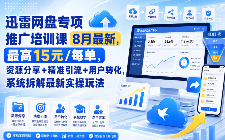 迅雷网盘专项推广培训课9月最新，最高15米/每单，资源分享+精准引流+用户转化，系统拆解最新实操玩法（更新0915）